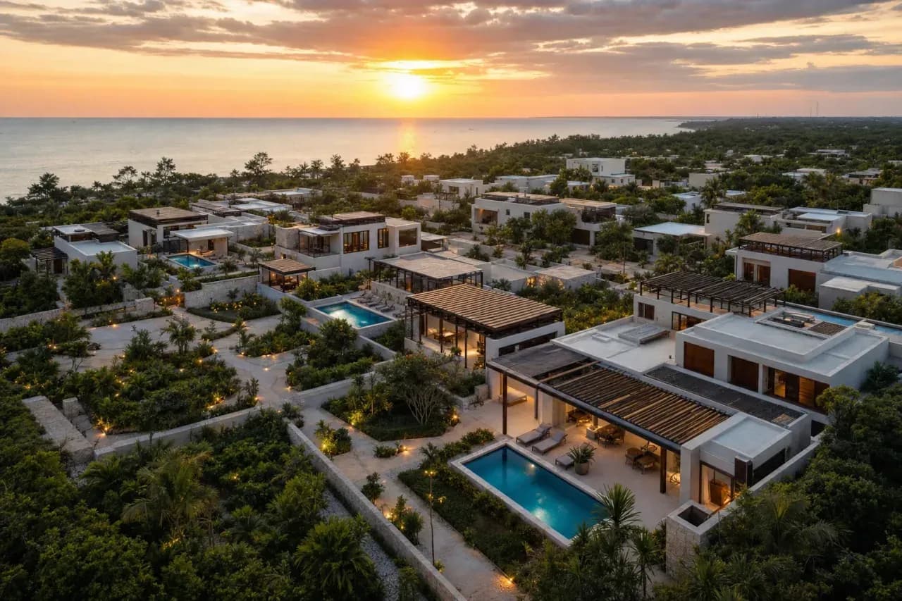 Aerial view of luxury coastal development and pools at golden hour in Zanzibar