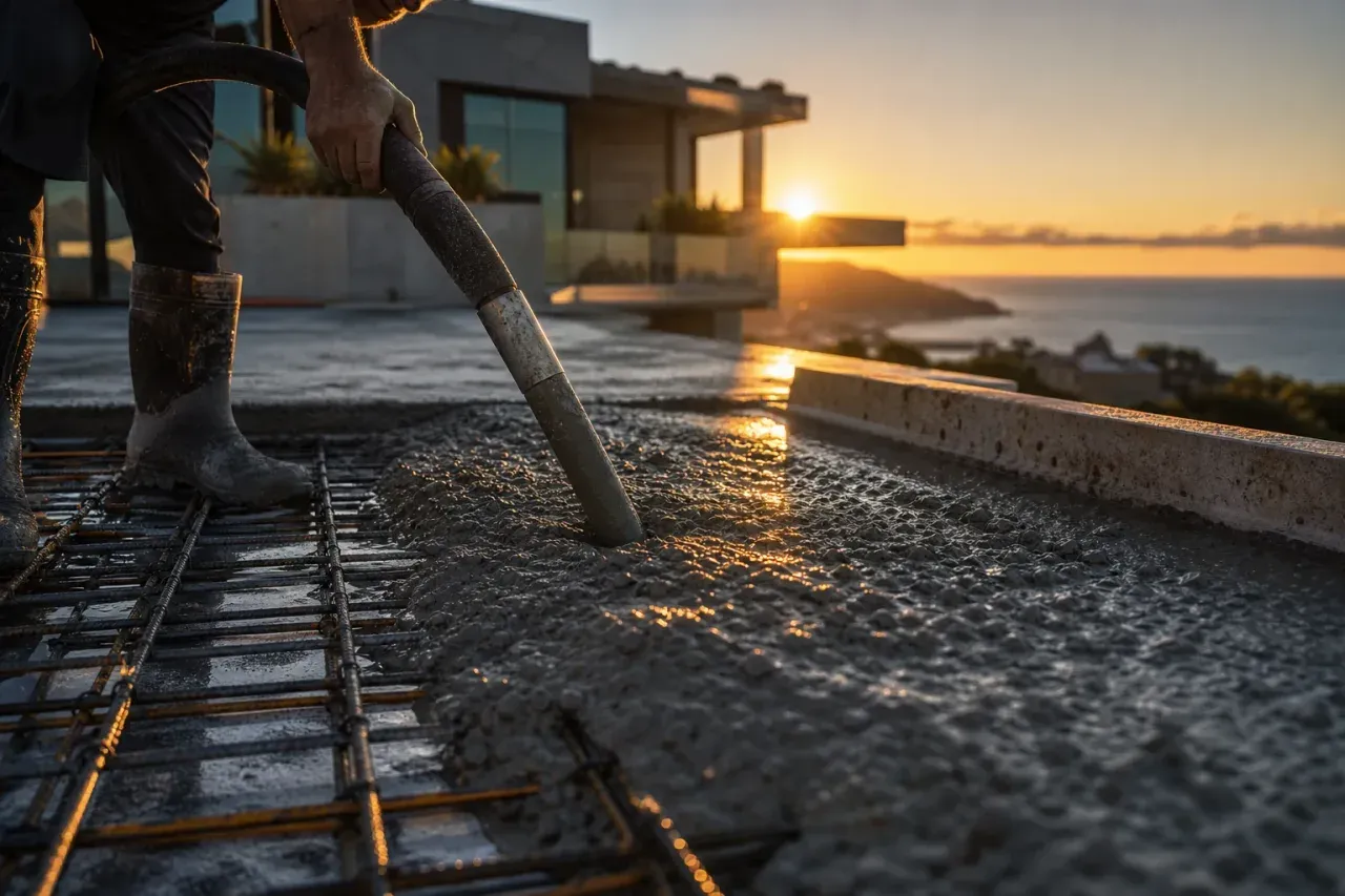 Golden-hour concrete pour on a luxury coastal construction site