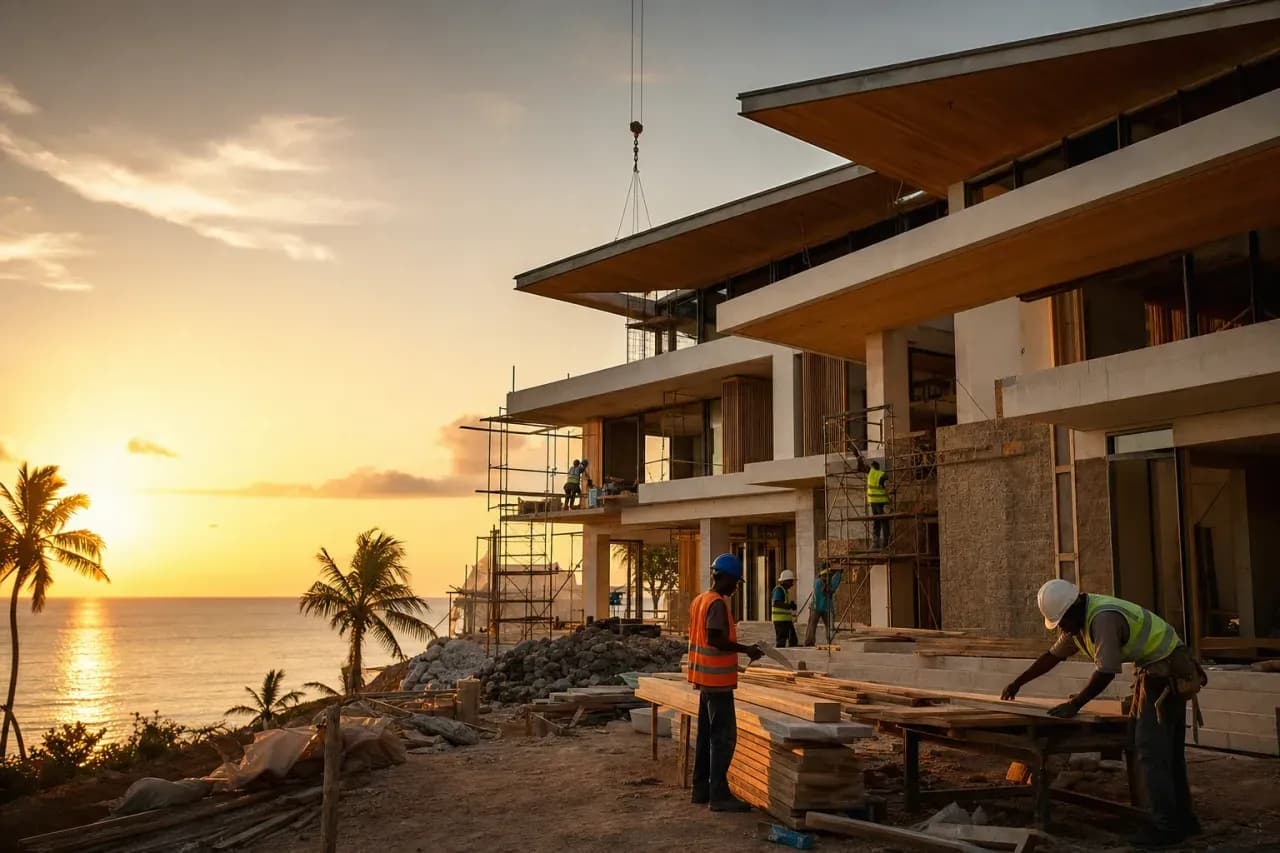 Luxury construction site on the Zanzibar coast at golden hour