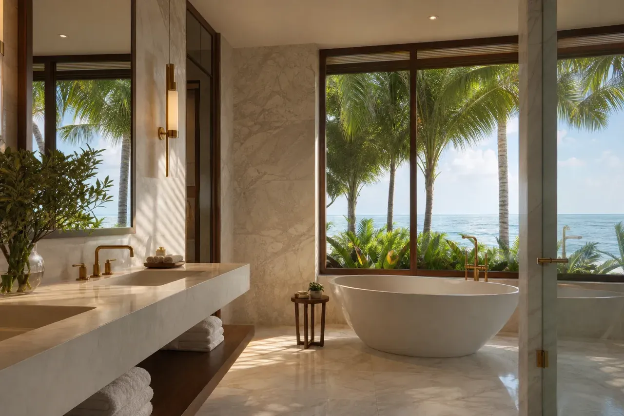 Editorial marble-look bathroom at a beachfront villa