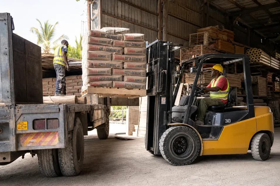 Forklift loading cement pallets in warehouse