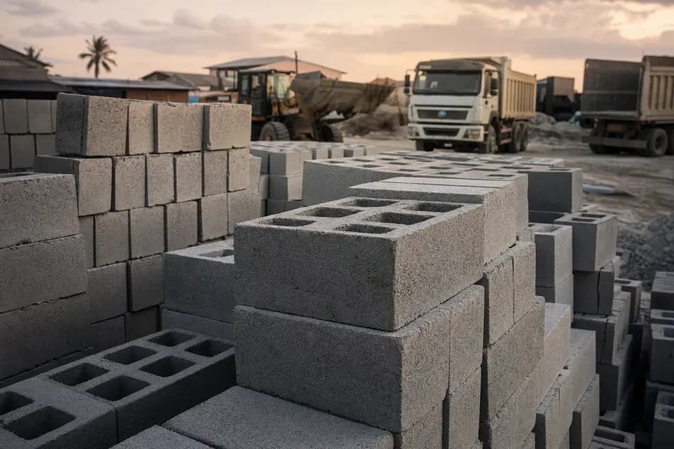 Concrete blocks stacked at a materials yard