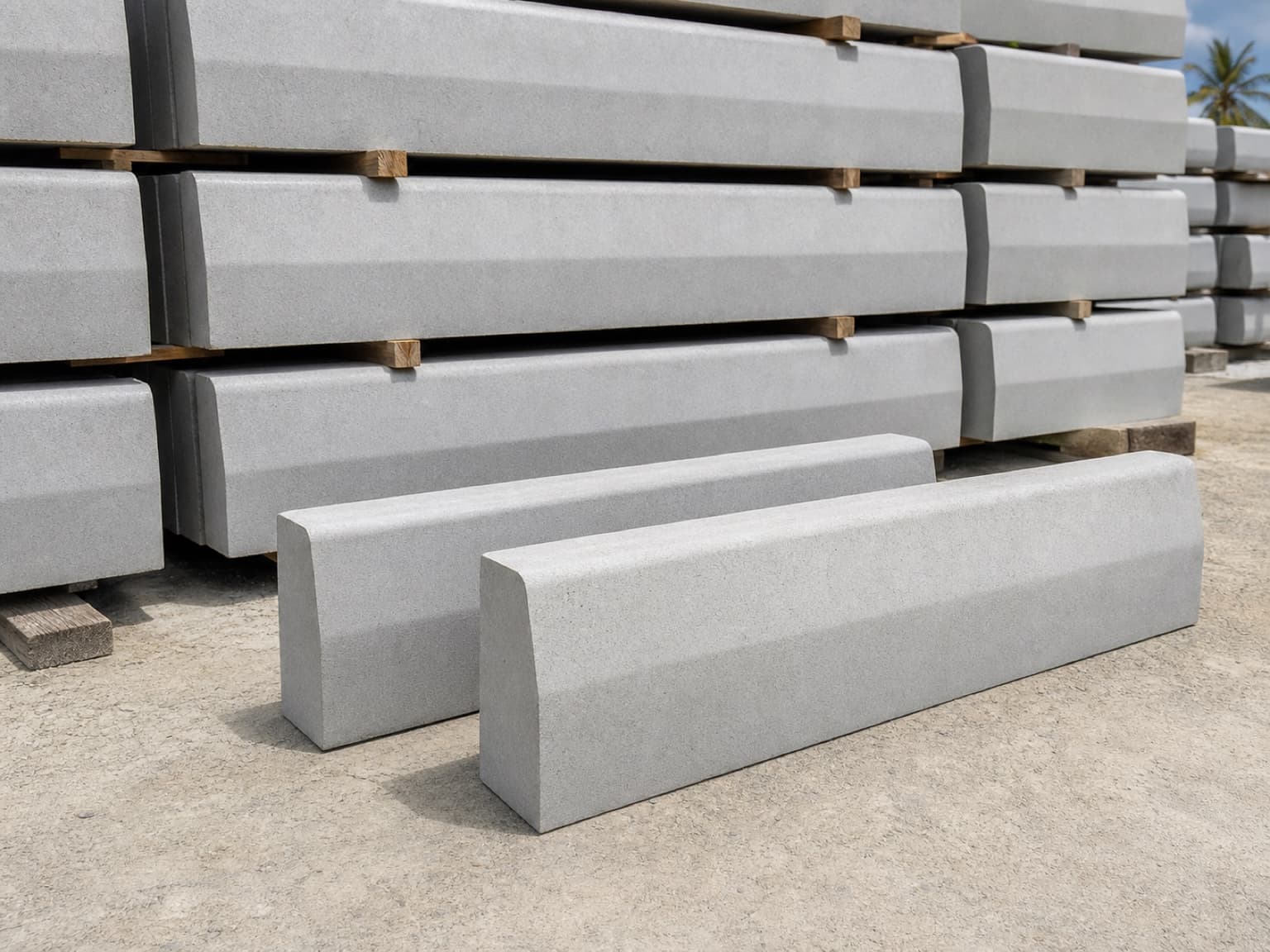 Precast concrete kerbstones stacked for project delivery