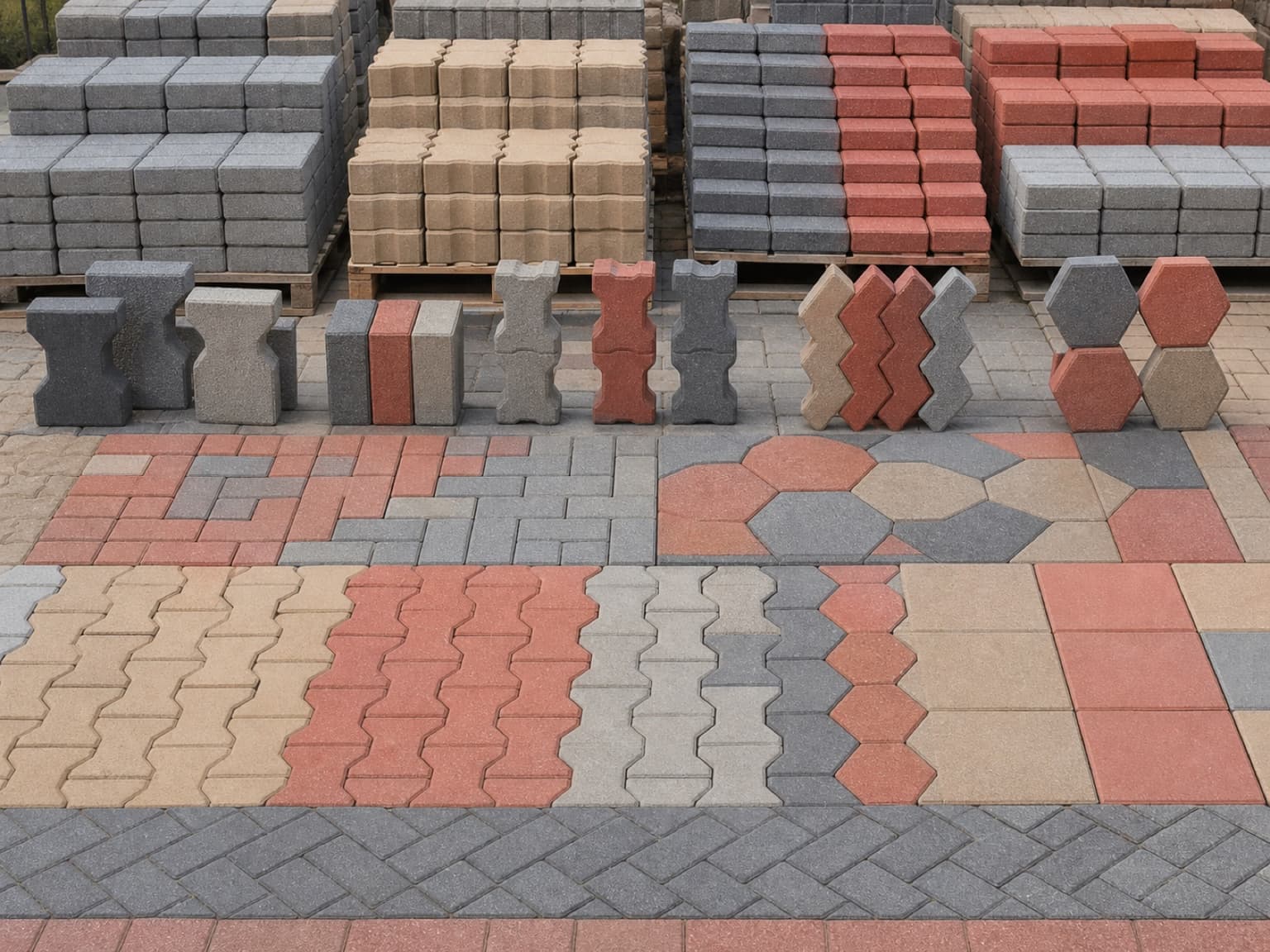 Variety of interlocking paving blocks in multiple shapes, colours and laying patterns