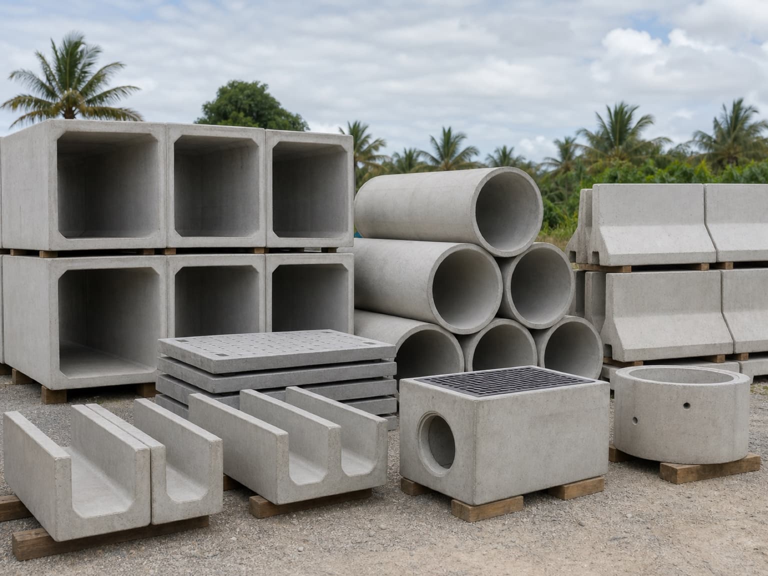 Civil road-work precast products including box culverts, pipes, drains, barriers and catch pits