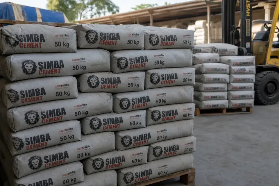 Stacked bagged cement at a Zanzibar supply yard