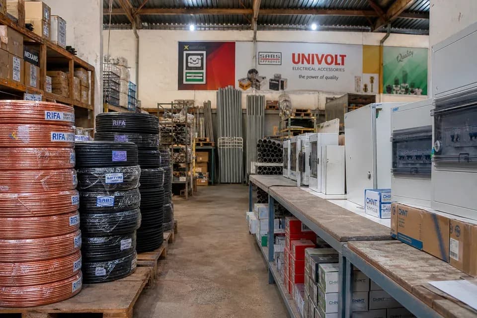 Cable coils, conduit and breaker boards on warehouse shelves