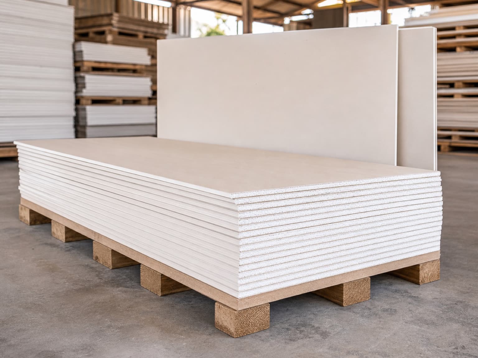 Real gypsum plasterboards stacked at a construction materials supplier yard