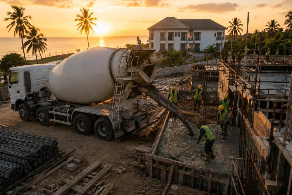 Ready-mix concrete pour at a coastal construction site