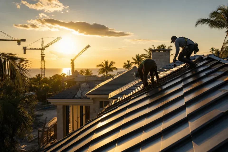 Premium roofing installation in tropical sunset light