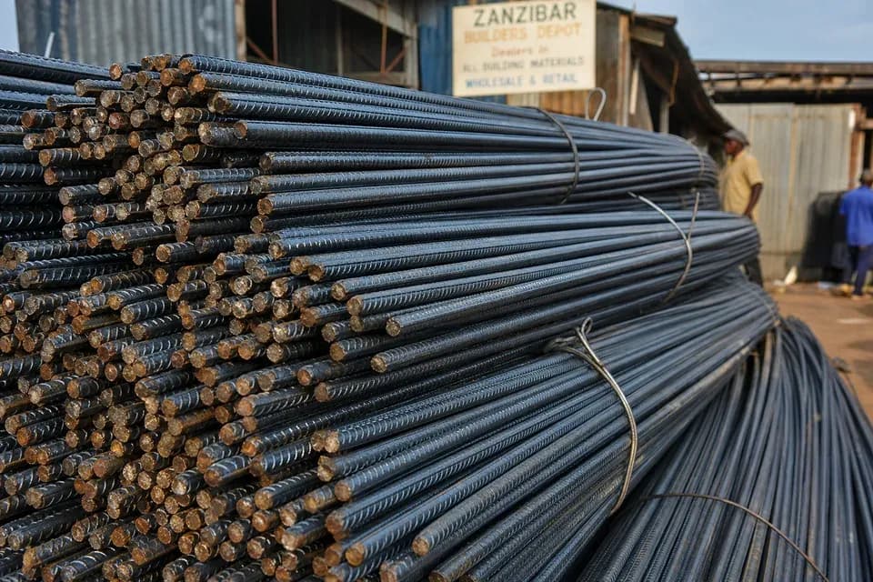 Close-up stacked steel reinforcement bars