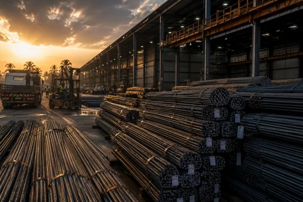 Bulk rebar and steel staged at a Zanzibar wholesale yard
