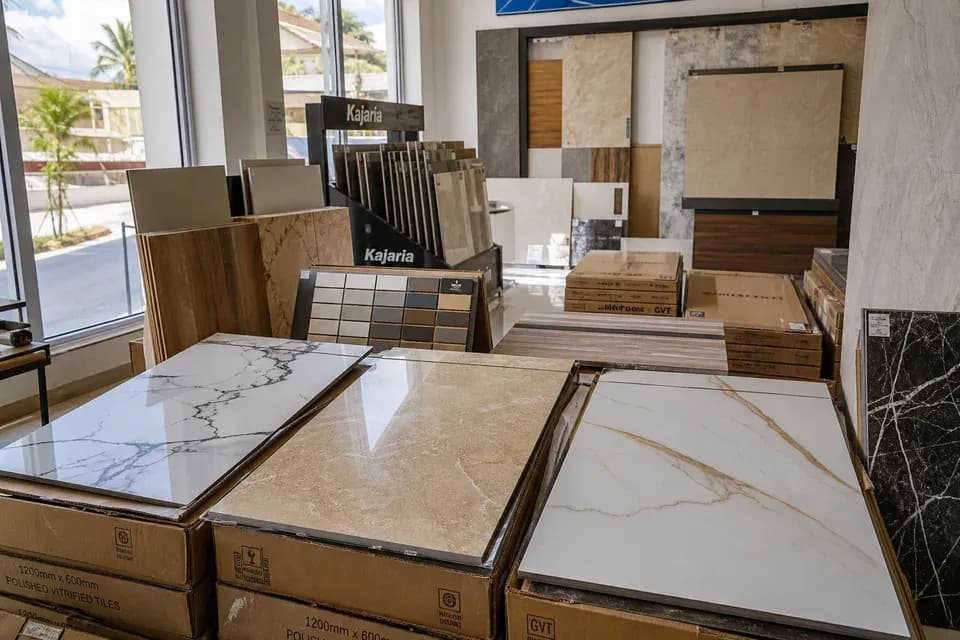 Ceramic and marble-look tiles in supplier showroom