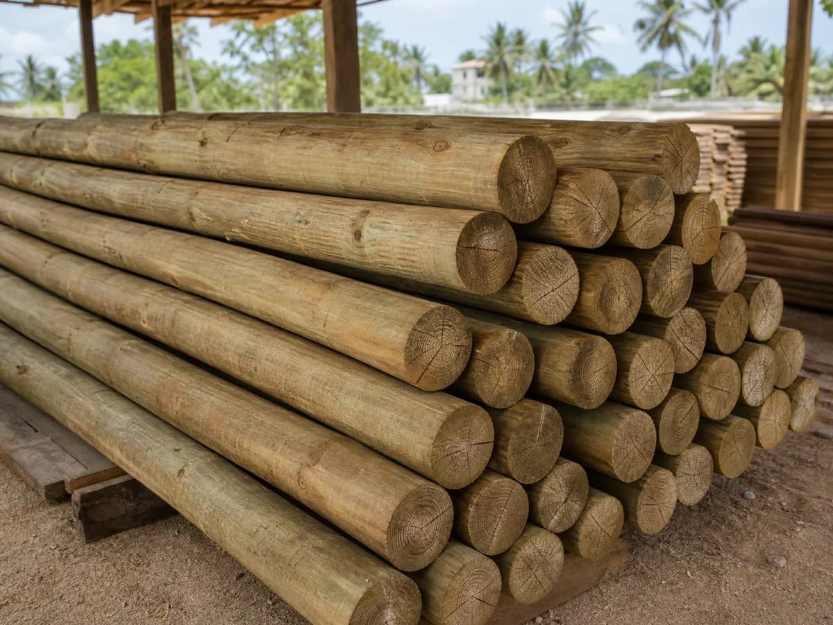 Pressure-treated round wooden construction poles stacked in a Zanzibar timber yard
