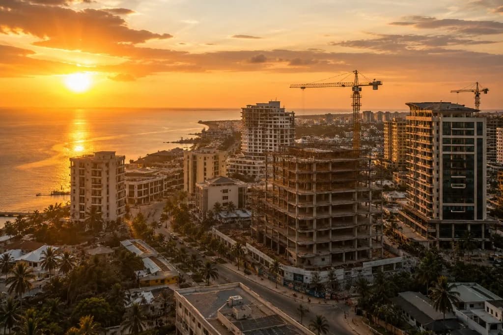 Villa Slab Construction Zanzibar Concrete slab construction at a beachfront villa development in Zanzibar at sunset