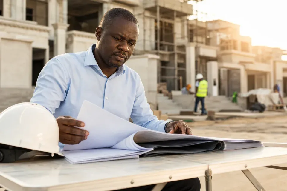 Site coordinator reviewing plans and BOQ