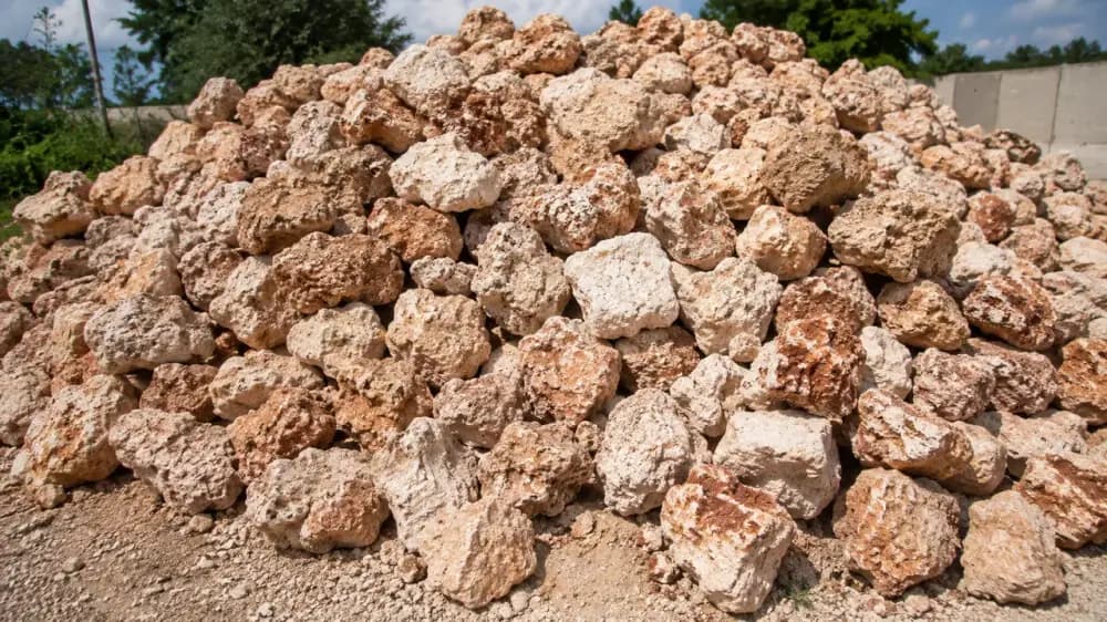 Crushed stone and aggregate piles at quarry