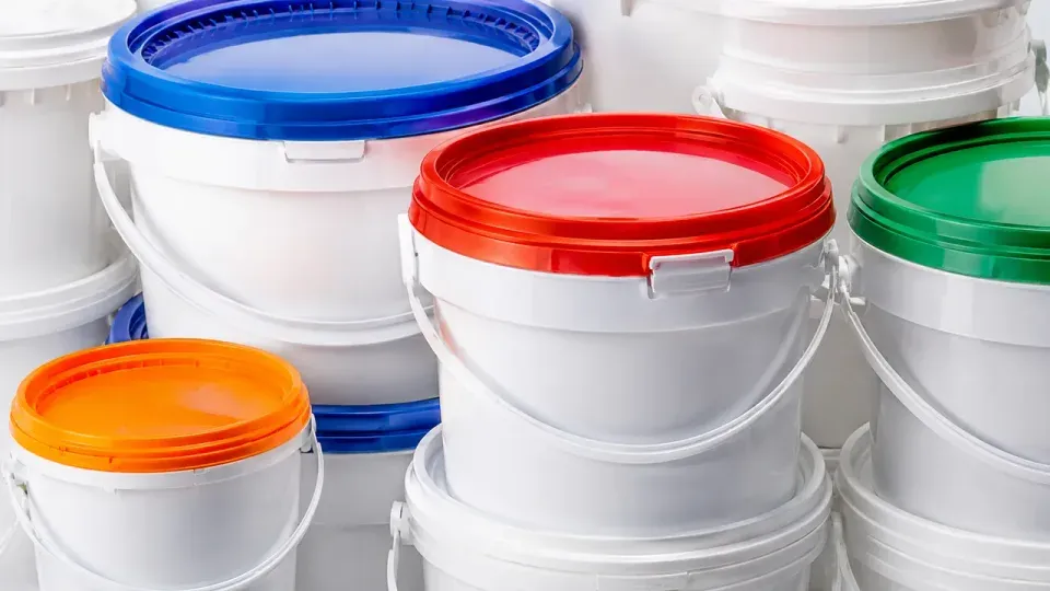 Display of paint tins and colour samples