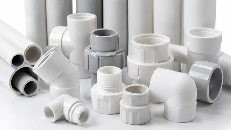 PVC pipes and plumbing fittings at supply yard