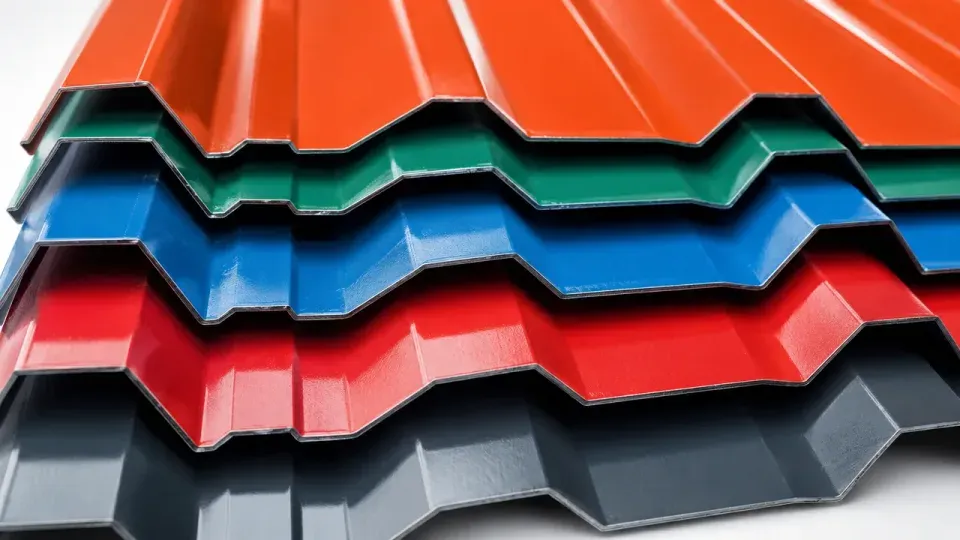 Coloured roofing sheets bundled for delivery