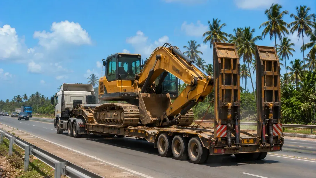 Low bed trailer transporting equipment in Zanzibar