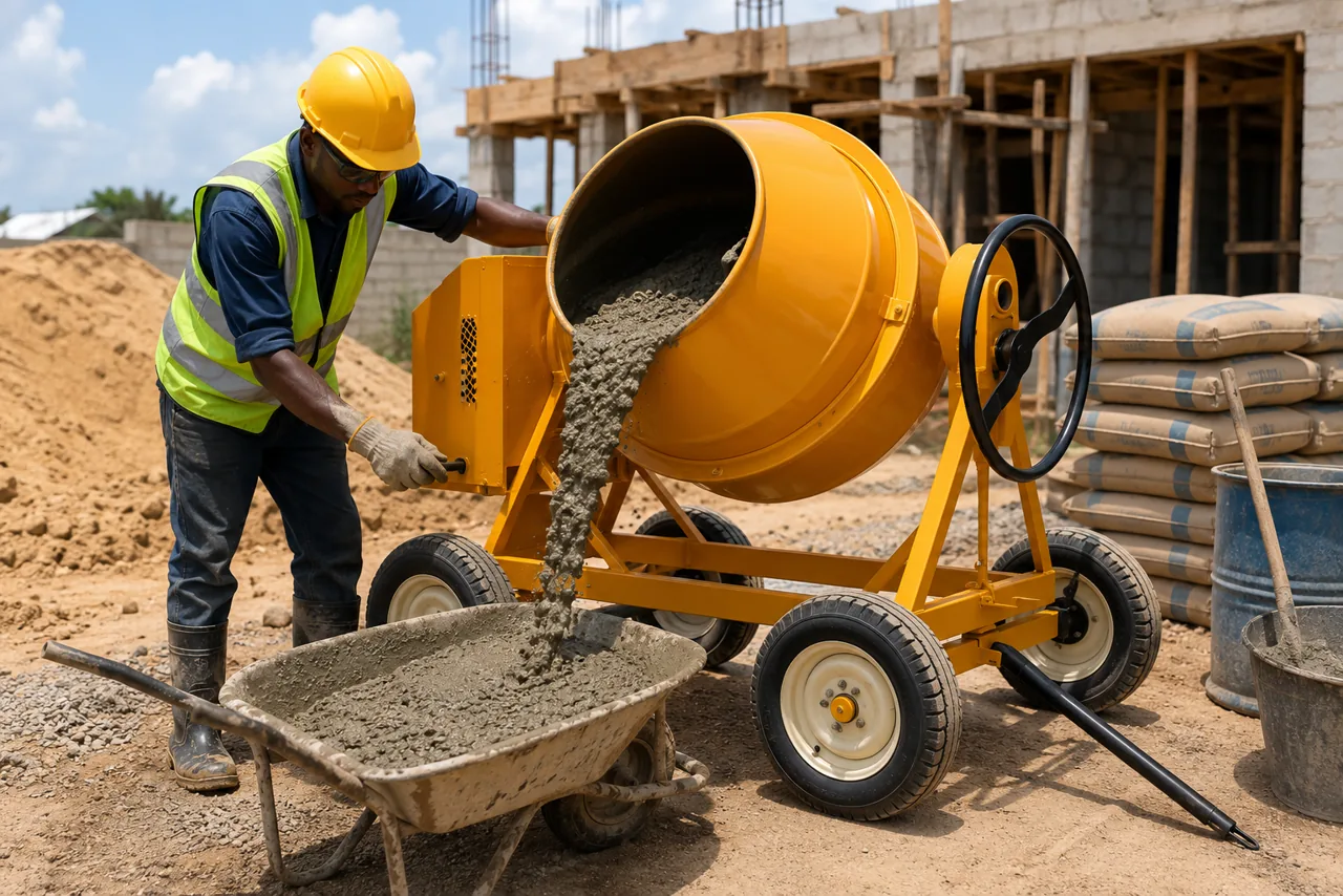 Portable concrete mixer operating on a Zanzibar construction site